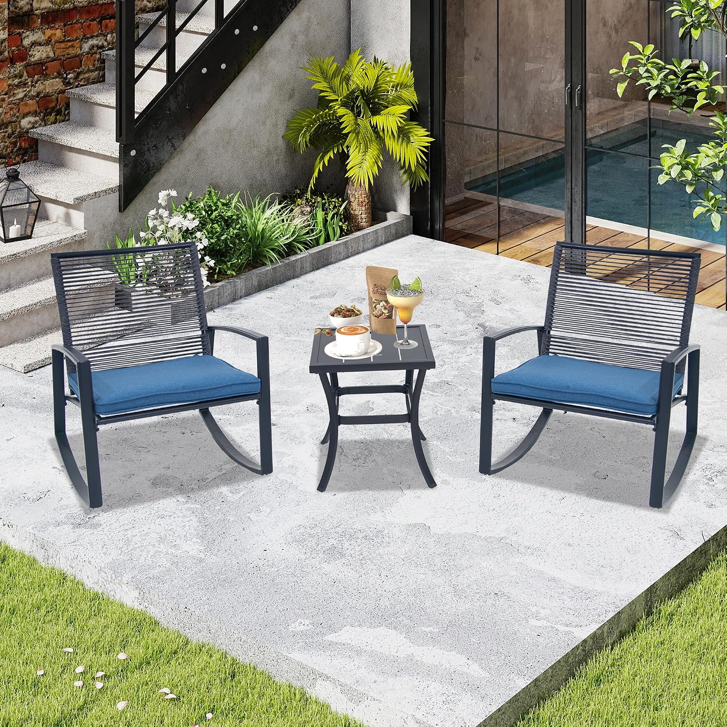 Domi Outdoor 3-Piece Wicker Rocking Chair Set, Patio Conversation Set with Removable Textilene Cushions & Metal Coffee Table, All-Weather Outside Chair Set of 3 for Balcony, Backyard, Pool, Blue