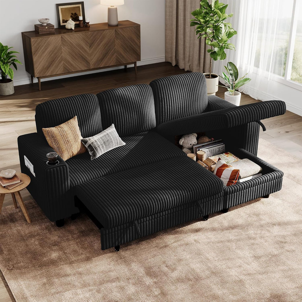 LINSY HOME Sectional Sleeper Sofa with Pull Out Couch Bed - Convertible Plush Corduroy Cloud Couch with Storage Chaise & USB Charging, Comfy L Shaped Modular Couches for Living Room Apartment, Black