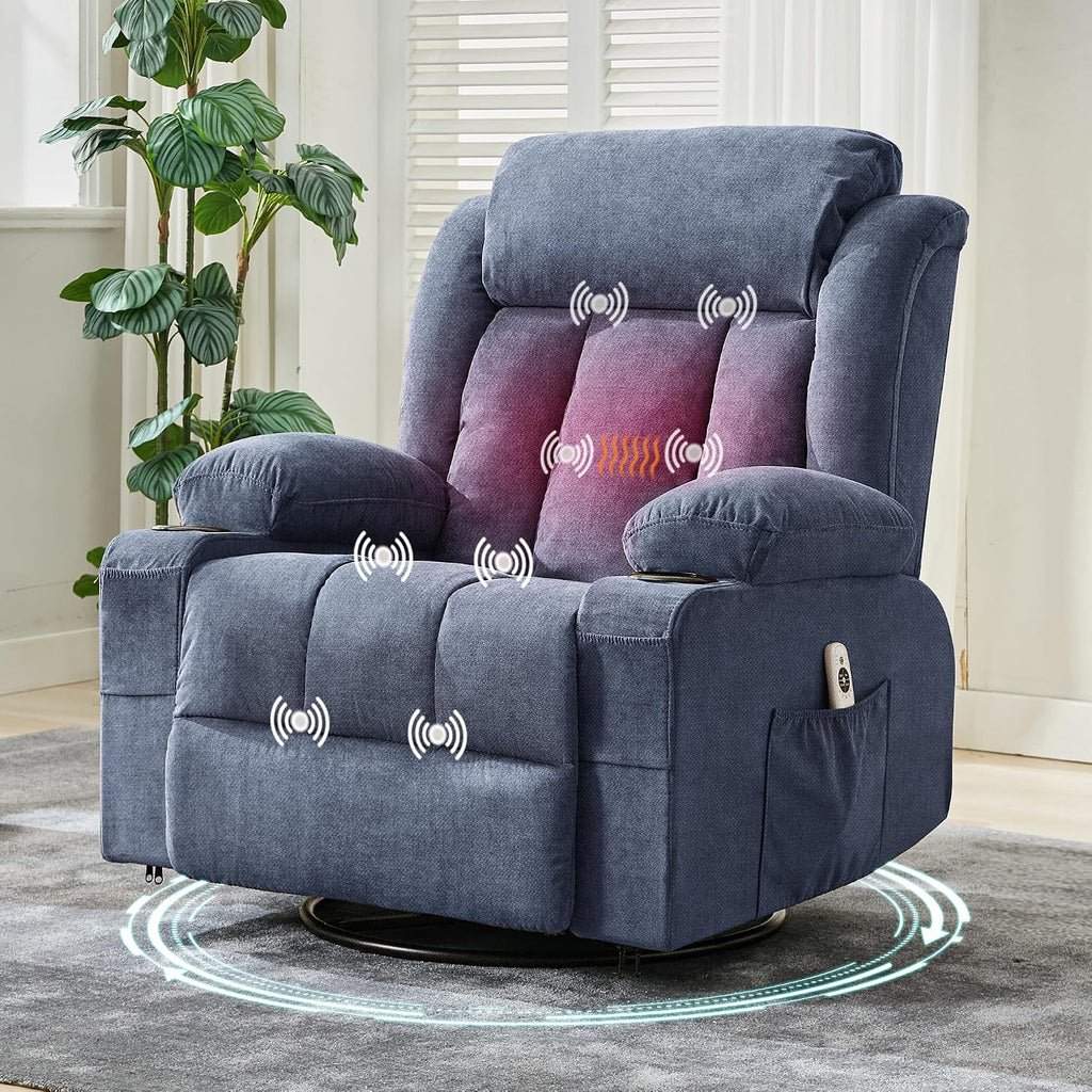 GarveeHome Rocker Swivel Recliner Chair with Heat Massage Large Wide Rocking Lazy Boy Single Sofa Seat with 3 Positions 2 Side Pockets Cup Holders USB Ports Remote Control (Blue)