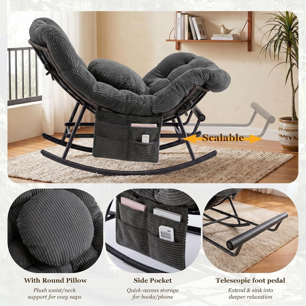 Rocking Chair Indoor & Outdoor, Oversized Patio Papasan Recliner Chair with Footstool Pillow & Side Pocket for Bedroom, Living Room, Garden, Balcony, Lawn (Dark Grey)