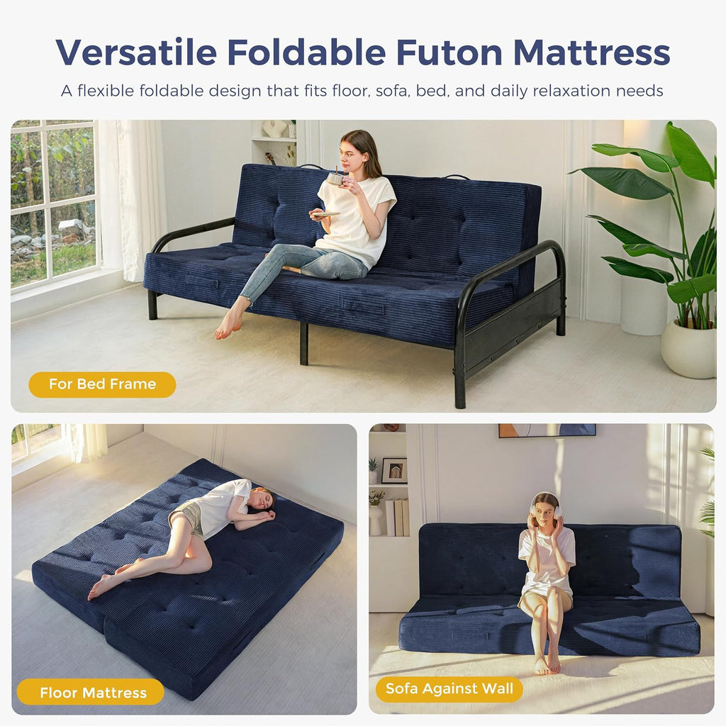 MAXYOYO 8' Foldable Floor Sofa Bed, Tufted Foldable Couch Bed Thick Folding Mattress with Handles, Versatile Folding Sofa Couch for Floor Sleeping, Living Room & Guest Room, Navy