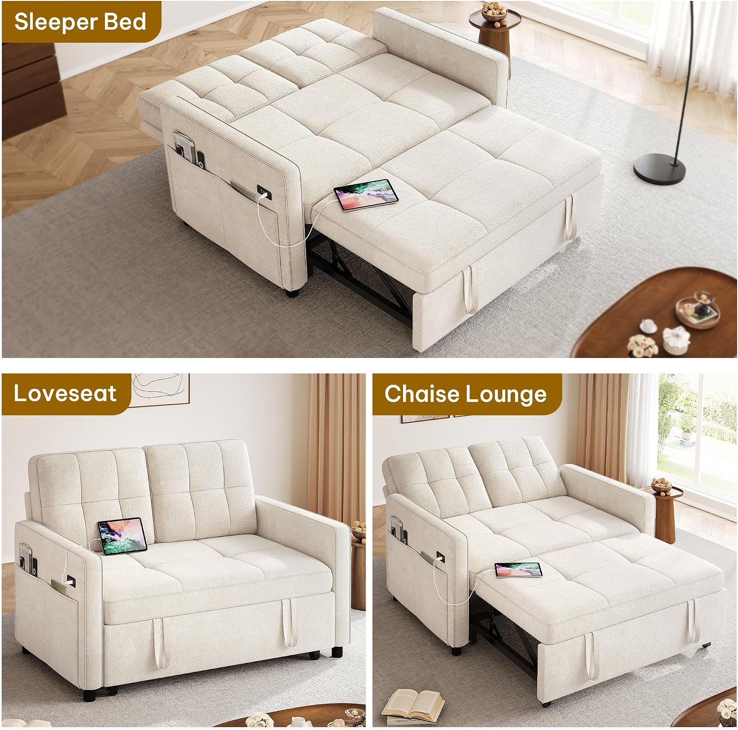 YITAHOME 55' Convertible Sofa Bed, 3-in-1 Sleeper Sofa with Pull-Out Bed, Cat-Scratch-Proof Futon Couch with 5-Levels Reclining Backrest, USB and Side Pocket, Modern Loveseat for Living Room, Beige