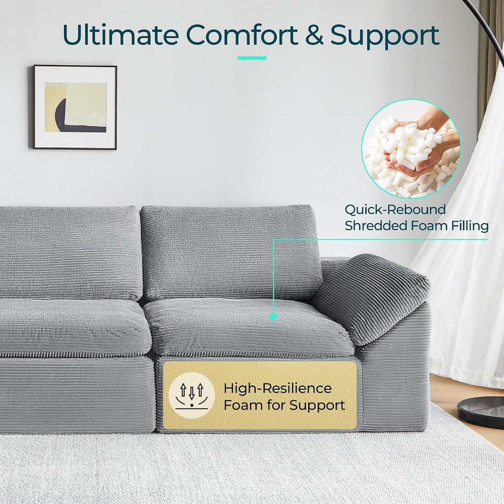 LINSY HOME 139' Modular Couch Modern Boneless Cloud Couch, U Shaped Sofa with Movable Ottomans, Deep Seat Corduroy Sectional Couches for Living Room, Apartment, No Assembly Required, Grey