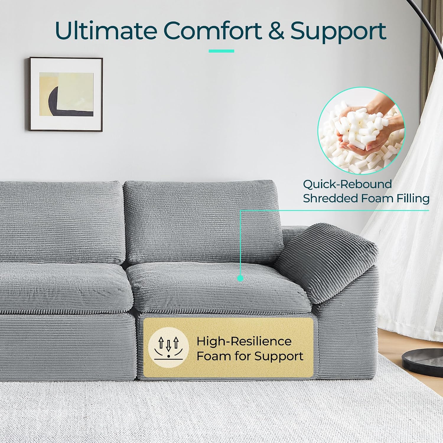 LINSY HOME 139' Modular Couch Modern Boneless Cloud Couch, U Shaped Sofa with Movable Ottomans, Deep Seat Corduroy Sectional Couches for Living Room, Apartment, No Assembly Required, Grey