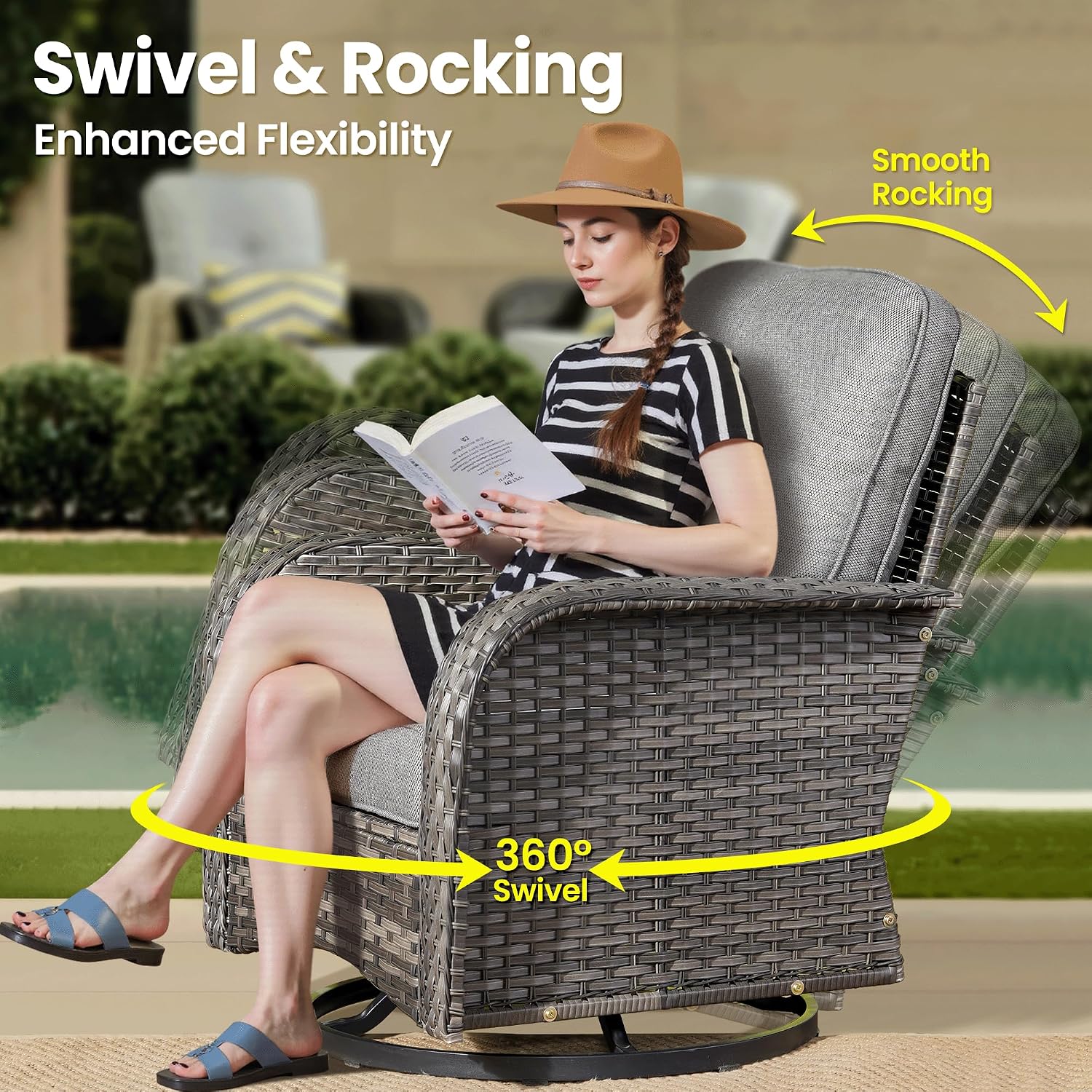 ovios 5-Piece Patio Furniture Set, Outdoor Wicker Sofa with Swivel Chairs Coffee Table, High Back Rattan Couch Loveseat with Comfy Cushions for Porch Yard Deck, Dark Grey