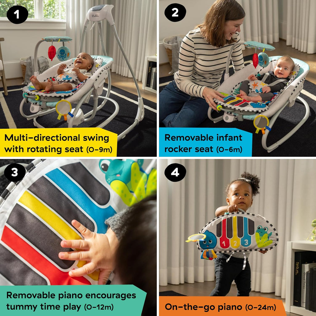 Baby Einstein Explorers Kick to It 4-in-1 Musical Baby Swing & Rocker, with Removable Piano Toy, Ages 0 Months and Up