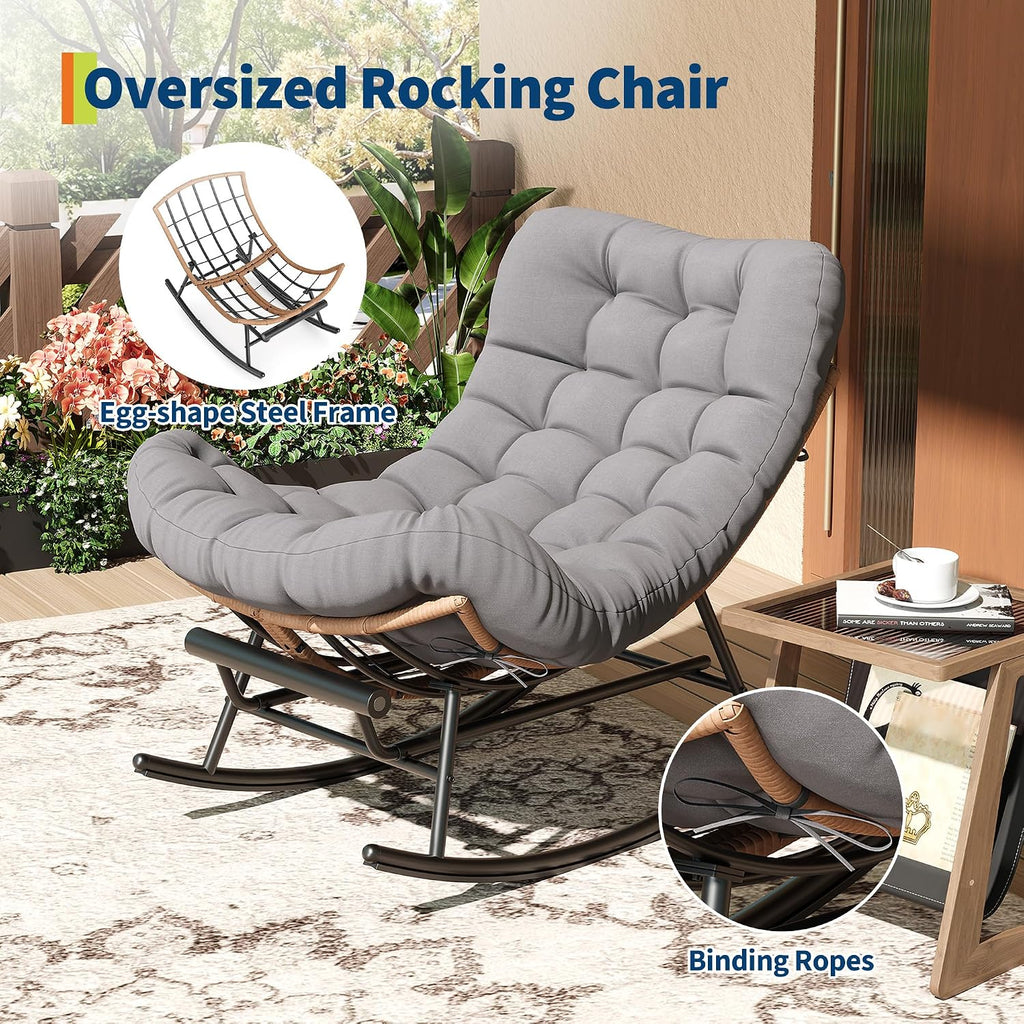 GarveeLife Papasan Rocking Chair with Thick Cushion, Outdoor Patio Rocking Chairs with Footrest, Oversized Rocker Wicker Chair for Bedroom, Living Room, Porch, Garden, Lawn (Dark Grey)