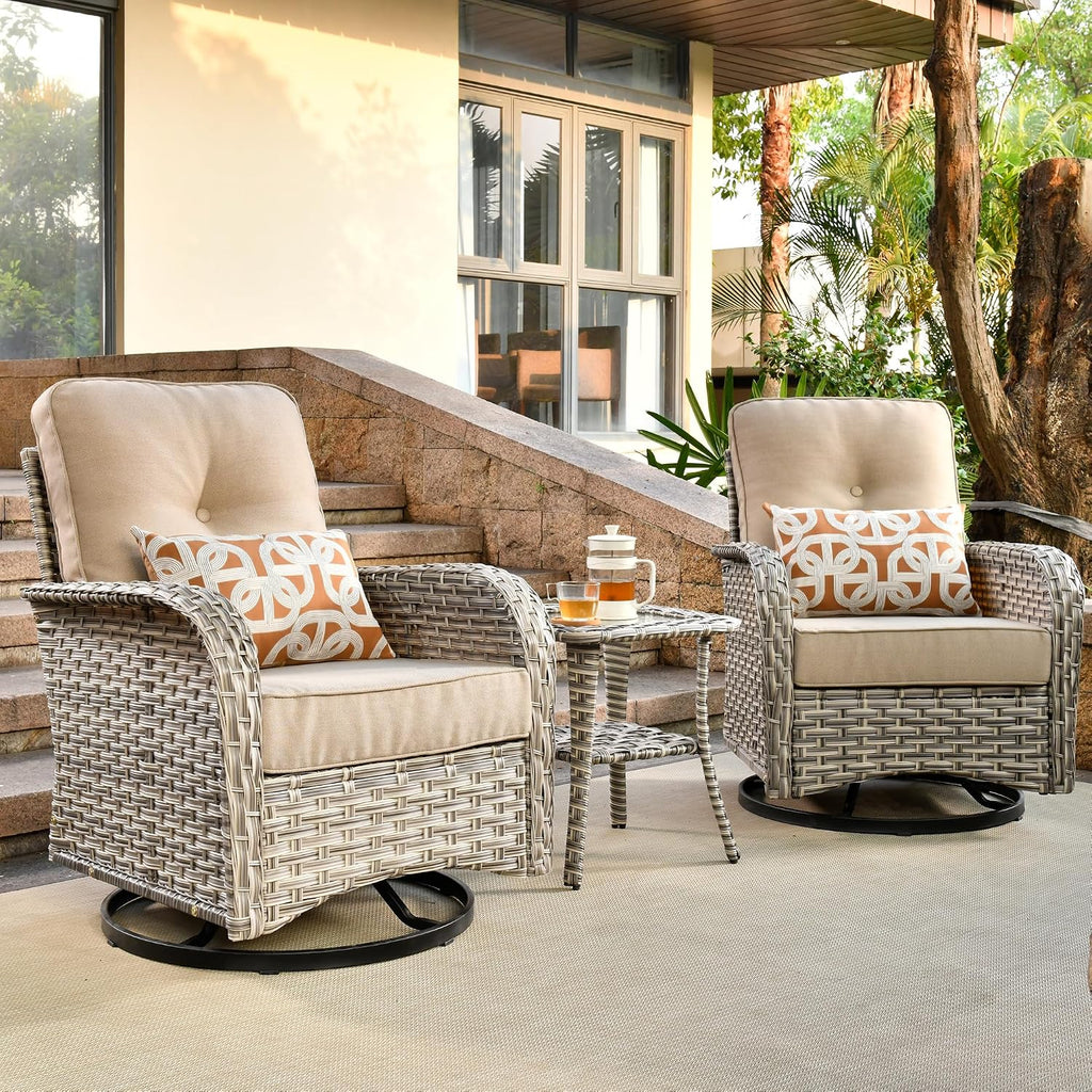 ovios Outdoor Swivel Rocking Chair Set of 3 with Coffee Table, Patio Wicker Rocker with Comfortable Thicken Deep Seating, Comfy Rattan Glider Chairs for Porch Deck Balcony Garden Backyard, Beige