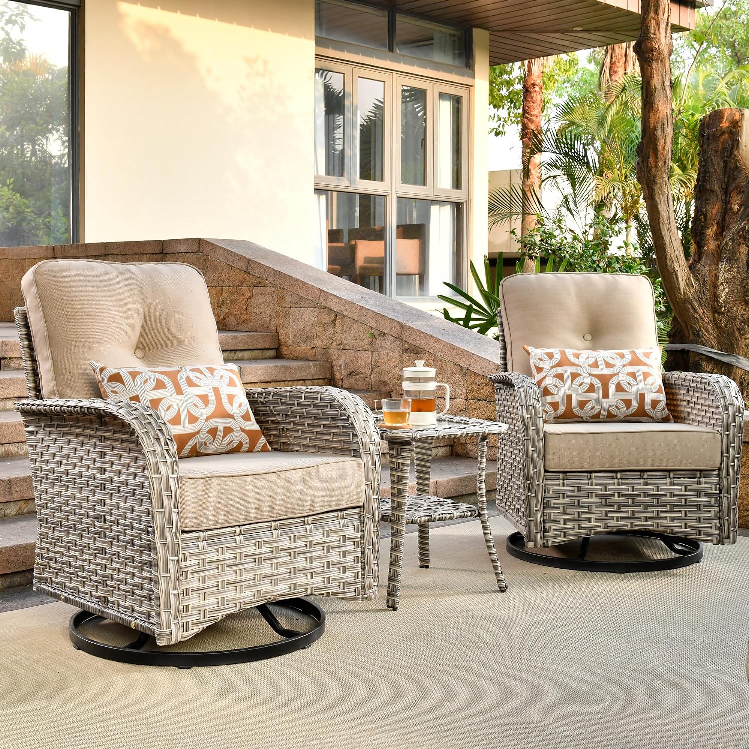 ovios Outdoor Swivel Rocking Chair Set of 3 with Coffee Table, Patio Wicker Rocker with Comfortable Thicken Deep Seating, Comfy Rattan Glider Chairs for Porch Deck Balcony Garden Backyard, Beige