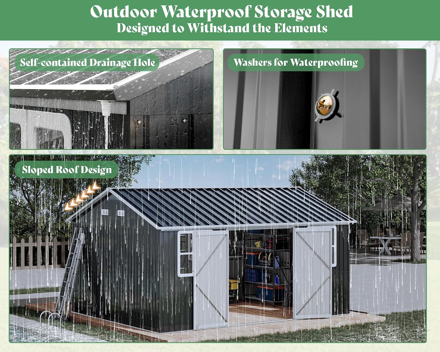 VanAcc 12 x 14FT Outdoor Storage Shed with a Lockable Hinged Door and 2 Windows, Nordic Cottage Metal Shed for Backyard, Garden, Patio, Dark Grey/White