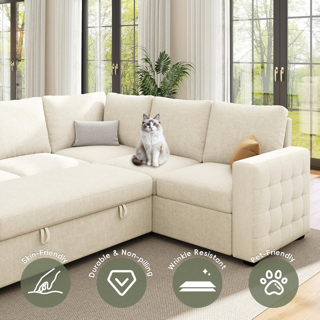 86' Sectional Sleeper Sofa Bed, Sleeper Couch with Pull out Bed, L Shaped Couch with Storage, Modular Sectional Sofa， Sectional Couches for Living Room&Apartment, Convertible Sofas, Beige Couches
