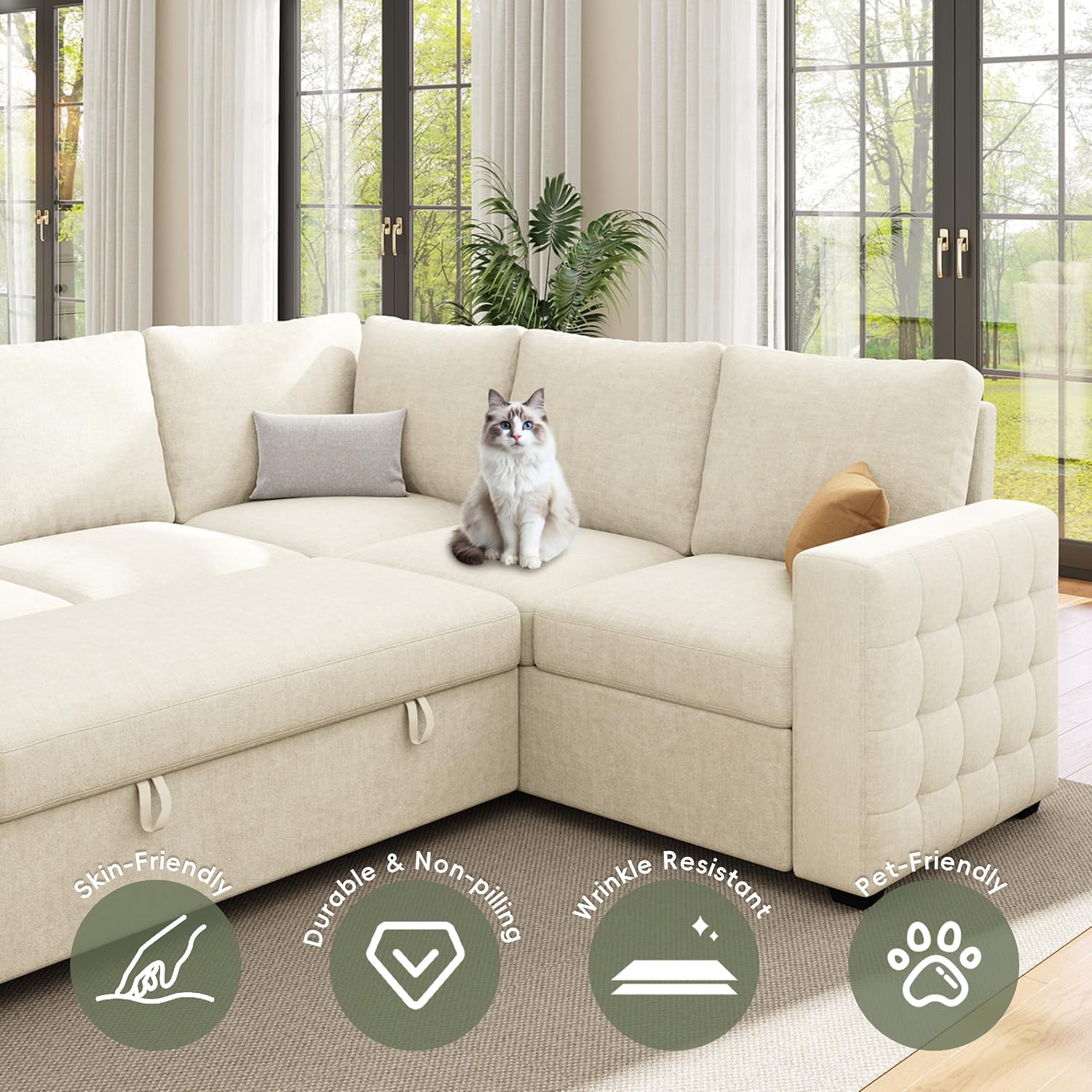 86' Sectional Sleeper Sofa Bed, Sleeper Couch with Pull out Bed, L Shaped Couch with Storage, Modular Sectional Sofa， Sectional Couches for Living Room&Apartment, Convertible Sofas, Beige Couches