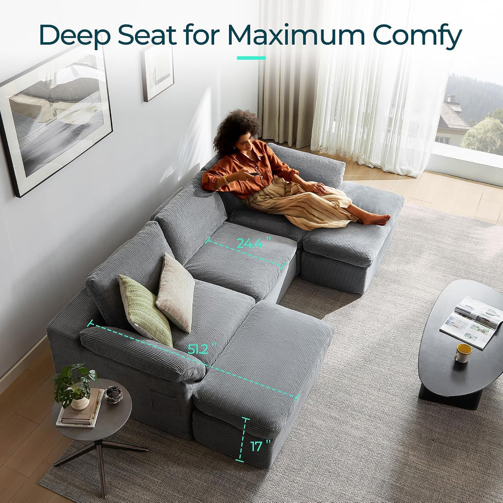 LINSY HOME 109' Modular Couch Modern Boneless Cloud Couch, U Shaped Sofa with Movable Ottomans, Deep Seat Corduroy Sectional Couches for Living Room, Apartment, No Assembly Required, Grey
