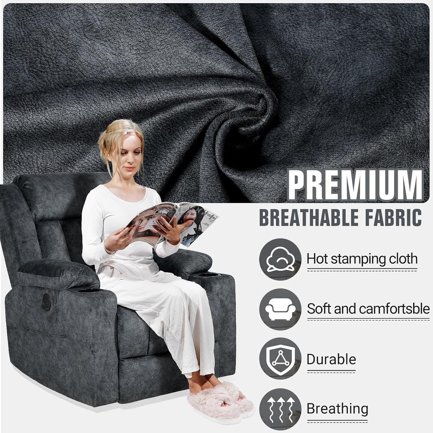 LAFWELL Retro Rocking Recliner Chair, Massage Rocker Recliner Chair with Vibration Massage and Heat, USB and Type-C Ports,360° Swivel Chairs,Living Room, Bedroom, Nursery, RV, Dark Grey