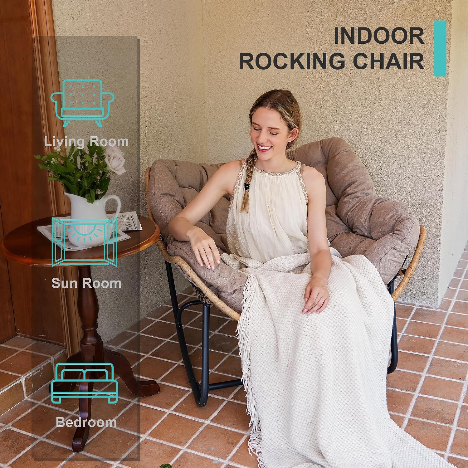 SWITTE Outdoor Rocking Chair, Indoor Papasan Rocking Lounge with Thick Cushion, Oversized Cozy Patio Rocker for Bedroom, Living Room, Porch, Garden, Lawn-Cream