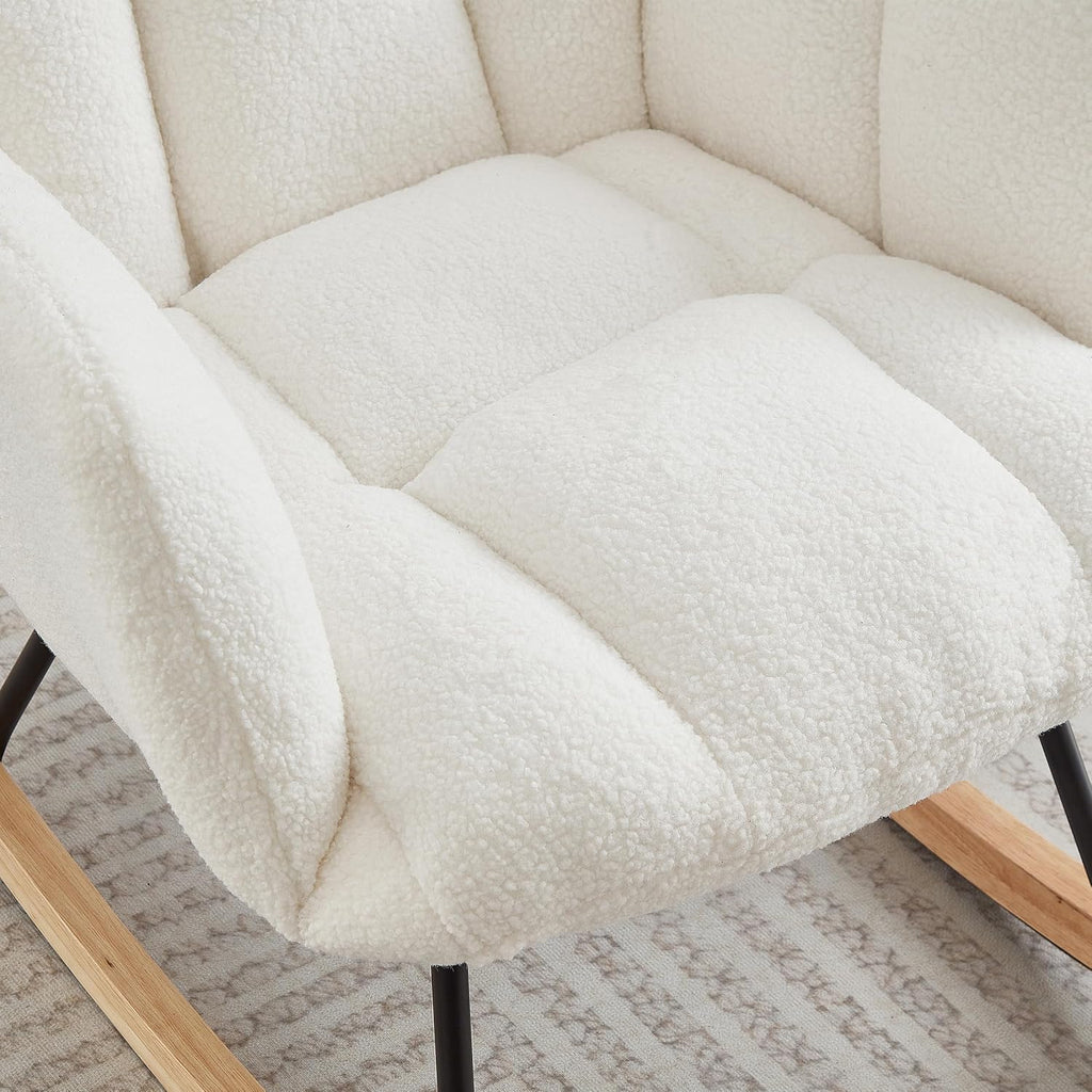 Glider Chair for Living Room & Nursery, Tufted Upholstered Teddy Rocking Chair with High Backrest & Stable Metal Frame, 300lbs Capacity, Comfy Rocker Glider for Adults & Kids, Office & Bedroom(Ivory)