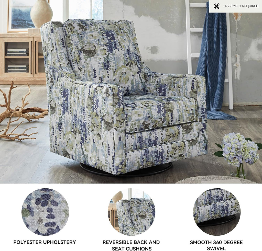 Signature Design by Ashley Dustinford Contemporary Abstract Floral Swivel Glider Accent Chair with Reversible Cushions, Blue & Green