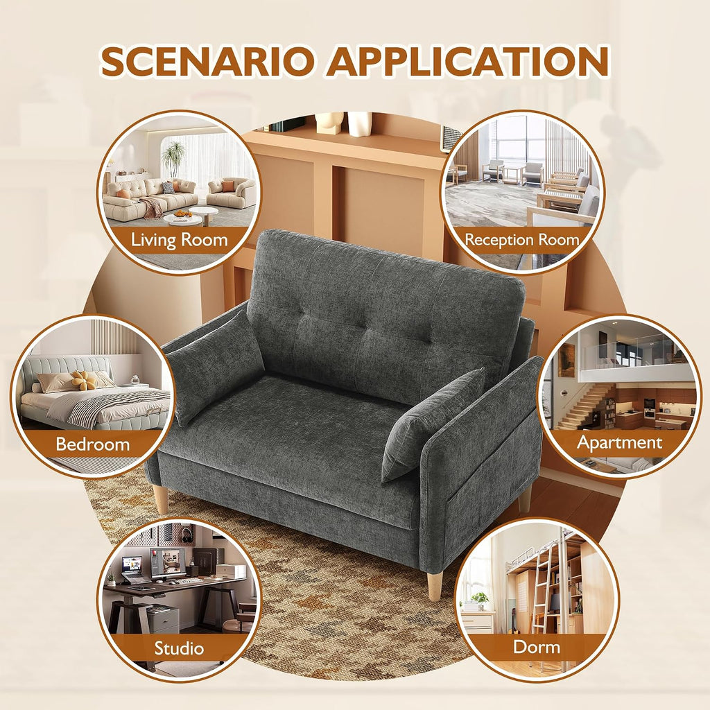 Urhanherry 47' Small Sofa Couch for Bedroom, Soft Chenille loveseat Mini Couch with Throw Pillow and Removable Cushion Cover for Small Spaces, Living Room, Apartment, Dorm, Office(Dark Grey)