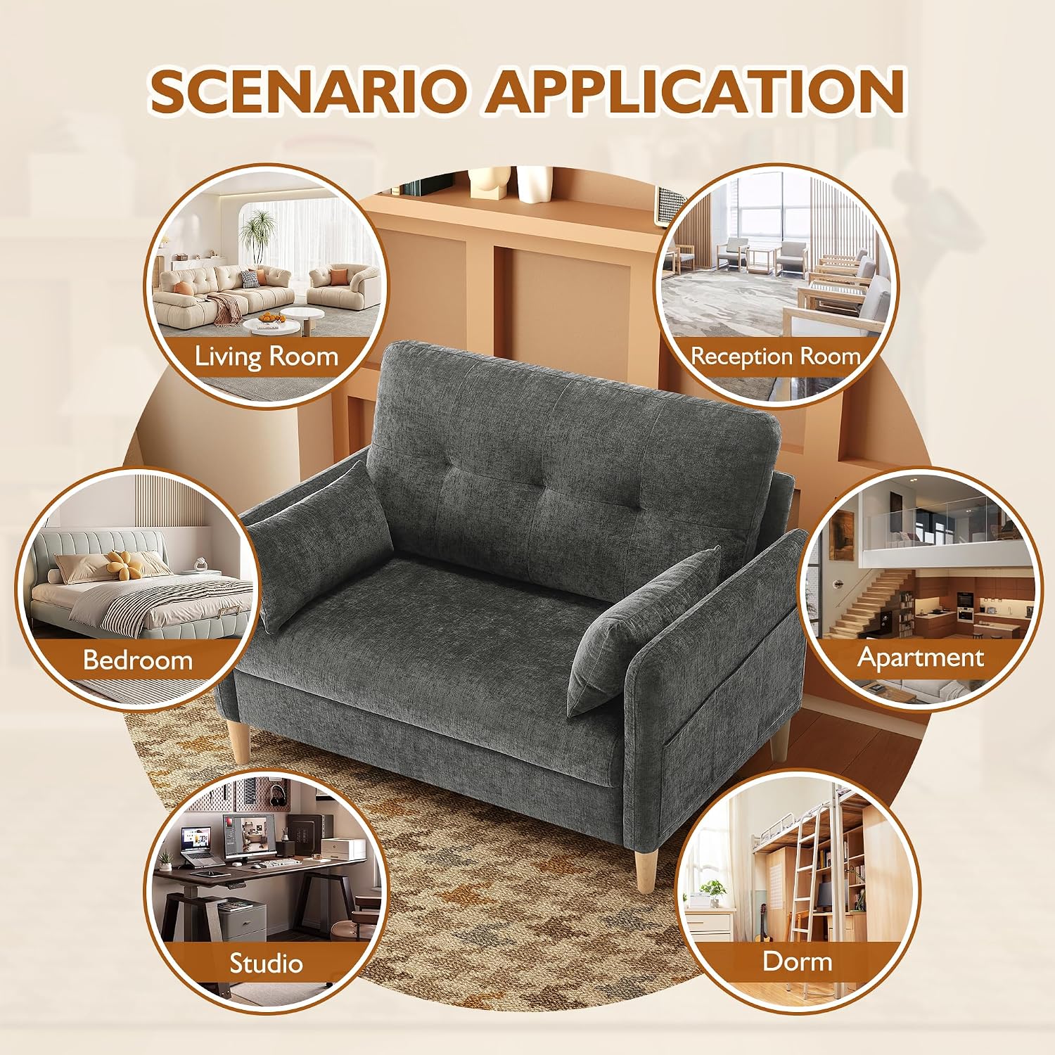 Urhanherry 47' Small Sofa Couch for Bedroom, Soft Chenille loveseat Mini Couch with Throw Pillow and Removable Cushion Cover for Small Spaces, Living Room, Apartment, Dorm, Office(Dark Grey)