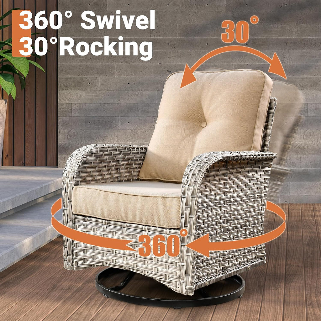 ovios Outdoor Swivel Rocking Chair Set of 3 with Coffee Table, Patio Wicker Rocker with Comfortable Thicken Deep Seating, Comfy Rattan Glider Chairs for Porch Deck Balcony Garden Backyard, Beige