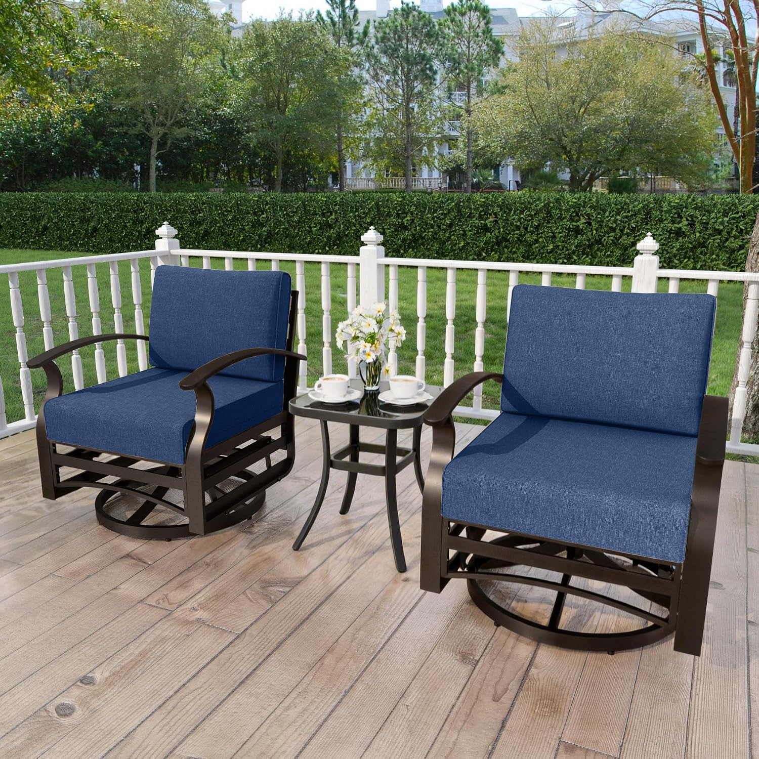 Kurapika 3 Pieces Patio Furniture Set, Outdoor Aluminum Swivel Gliders Rocker, Patio Bistro Set Rocking Chair with Thickened Cushions and Side Table for Porch Garden(Navy Blue)