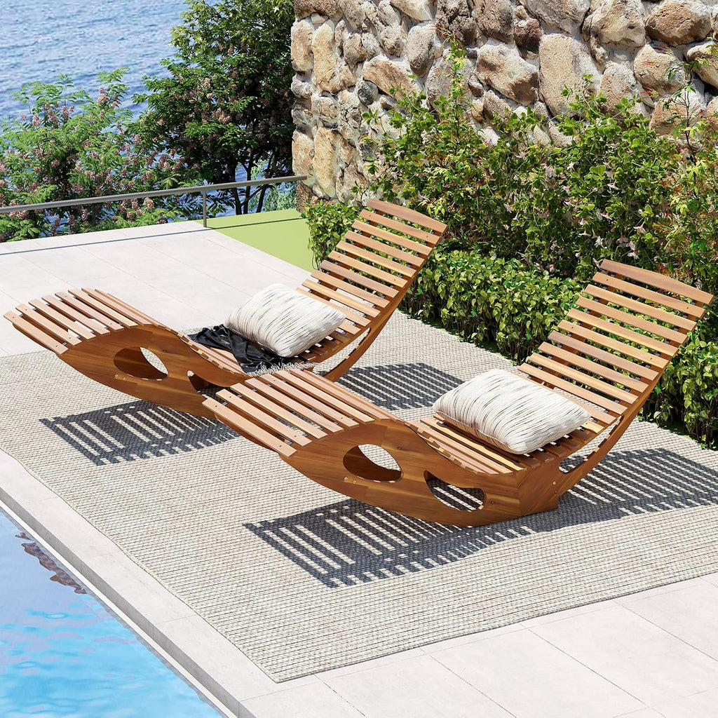 Giantex Acacia Wood Outdoor Rocking Chair, Set of 2 Patio Lounge Chair with Ergonomic Curved & Slatted Seat, High Back, Bottom Stopper, Outside Chaise Lounge, 63'x23.5'x26' Pool Lounger for Porch