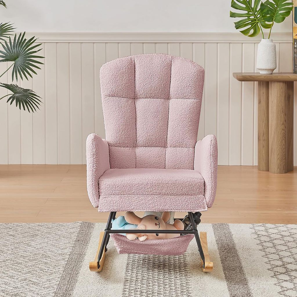 Teddy Upholstered Rocking Chair,Indoor Glider Chair with High Backrest and Side Pockets, Accent Arm Chair with Storage Bag for Living Room. (Pink)