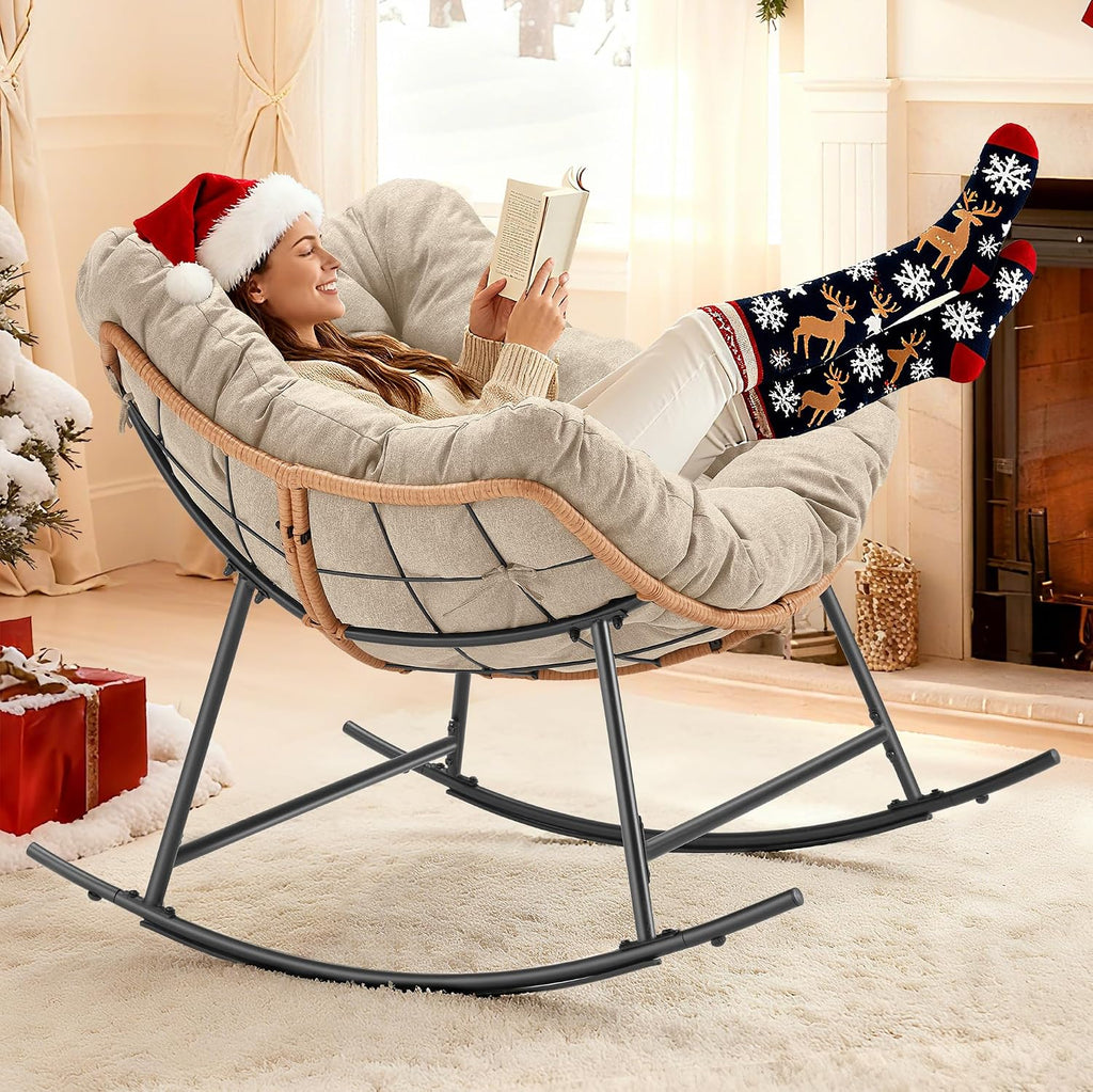 Outdoor Comfy Rocking Chair with Thick Cushion, Rattan Rocker Egg Chair Indoor with Straps, Patio Rocking Chair 450lbs for Garden, Backyard, Balcony, Lawn, Bedroom, Living Room (Beige)