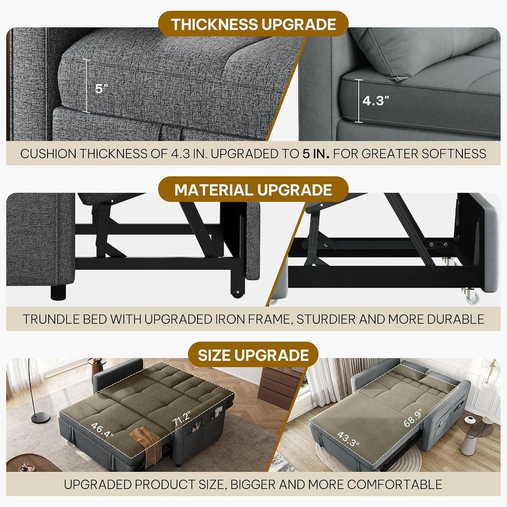 YITAHOME 55' Convertible Sofa Bed, 3-in-1 Sleeper Sofa with Iron Frame Pull-Out Bed, Linen Futon Couch with Reclining Backrest and Side Pocket, Modern Loveseat for Living Room Bedroom Apartment, Grey