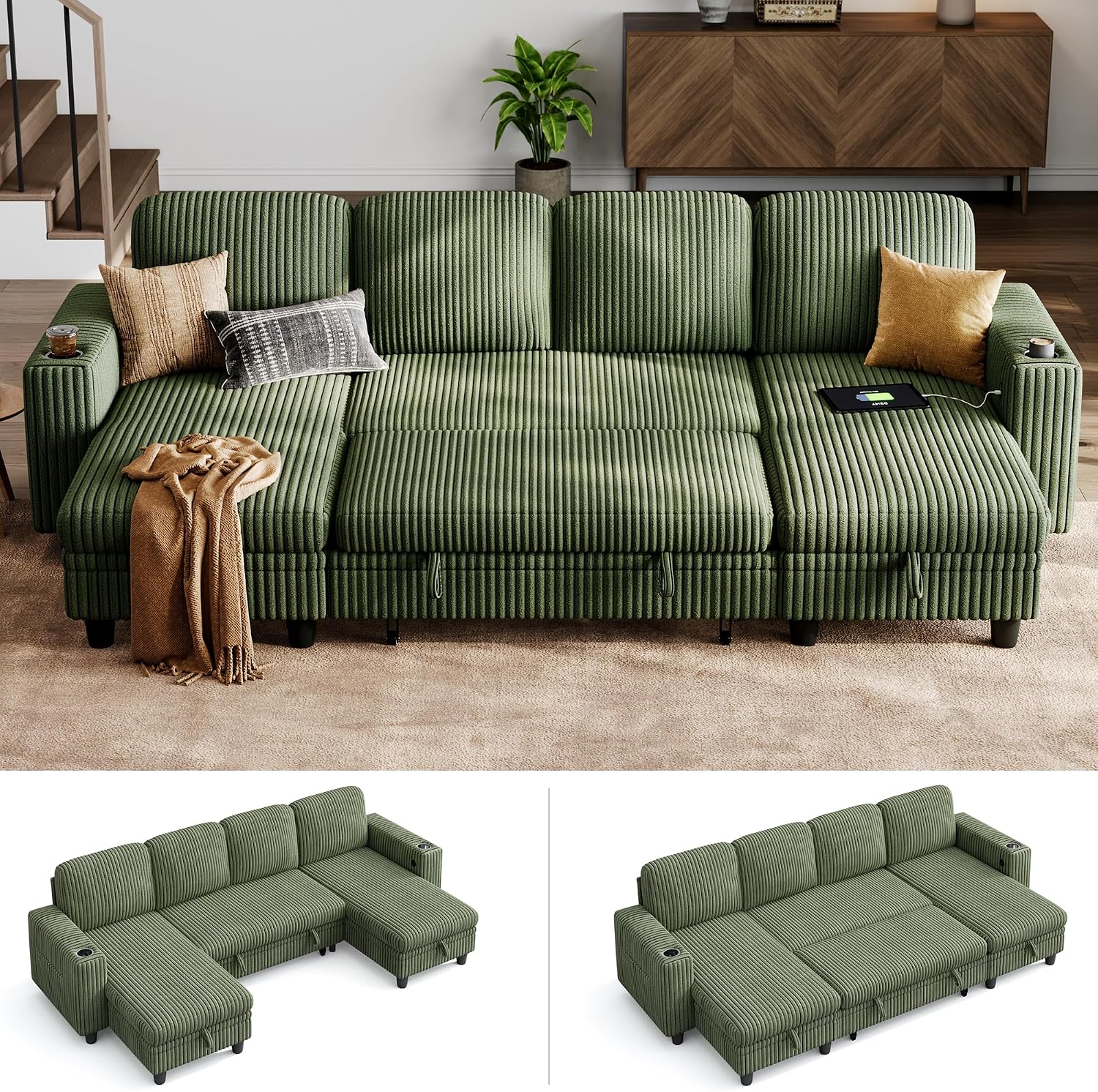 LINSY HOME Sectional Sleeper Sofa Pull Out Couches for Living Room (Green, Sleeper Sofa 3) | Pull Out Sofa Bed, Storage, USB Charging, Cup Holders, Plush Corduroy | Pull Out Sofa Bed, Storage, USB Charging, Cup Holders, Plush Corduroy