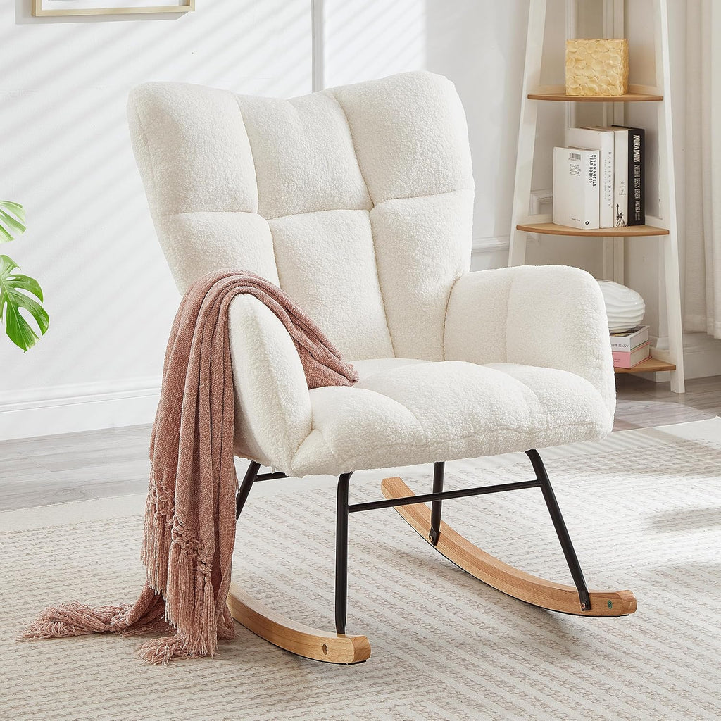 Glider Chair for Living Room & Nursery, Tufted Upholstered Teddy Rocking Chair with High Backrest & Stable Metal Frame, 300lbs Capacity, Comfy Rocker Glider for Adults & Kids, Office & Bedroom(Ivory)