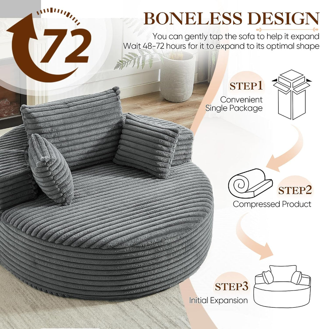 Oversized Round Chaise Longue Chair Indoor, Modern 55-inch Upholstered Corduroy Deep Seat Circle Single Cloud Lounge Floor Sofa Chair for Living Room, Bedroom Apartment, Grey