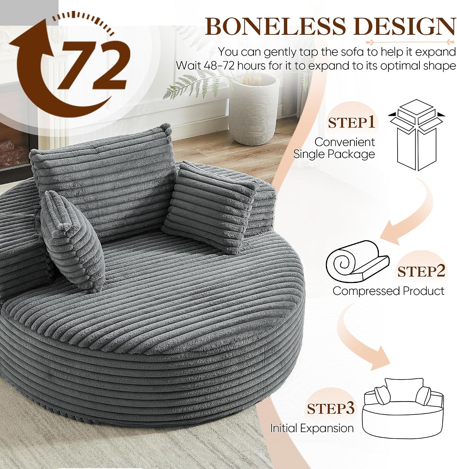 Oversized Round Chaise Longue Chair Indoor, Modern 55-inch Upholstered Corduroy Deep Seat Circle Single Cloud Lounge Floor Sofa Chair for Living Room, Bedroom Apartment, Grey