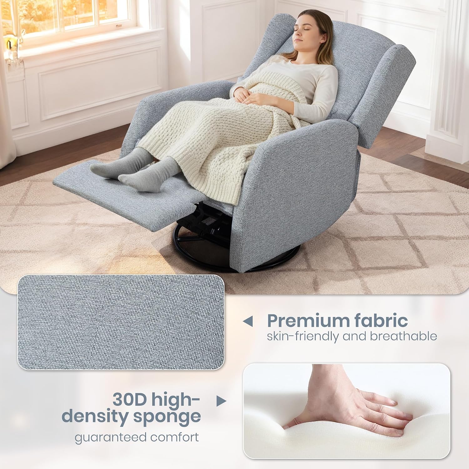 Swivel Rocker Recliner Chair with Adjustable Footrest, Swivel Rocking Recliner with Deep Seat Lumbar Pillow, Nursery Glider Recliner, 360° Recliner Chair for Living Room&Bedroom&Office (Gray)