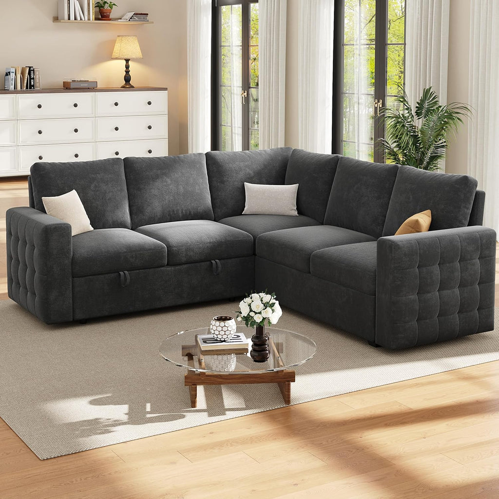 86' Sectional Sleeper Sofa Bed, Sleeper Couch with Pull out Bed, L Shaped Couch with Storage, Modular Sectional Sofa， Sectional Couches for Living Room&Apartment, Convertible Sofas, Gray Couches