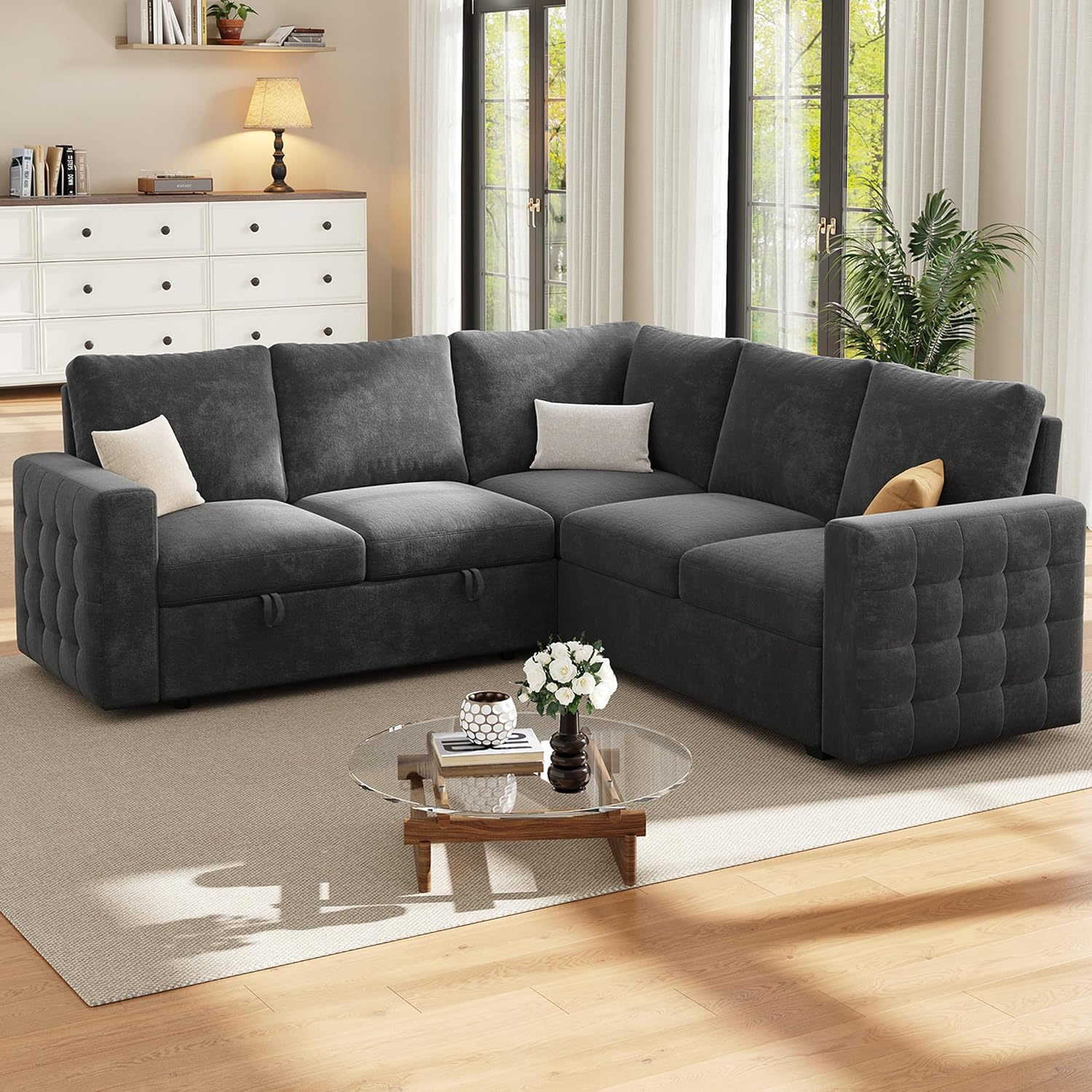 86' Sectional Sleeper Sofa Bed, Sleeper Couch with Pull out Bed, L Shaped Couch with Storage, Modular Sectional Sofa， Sectional Couches for Living Room&Apartment, Convertible Sofas, Gray Couches
