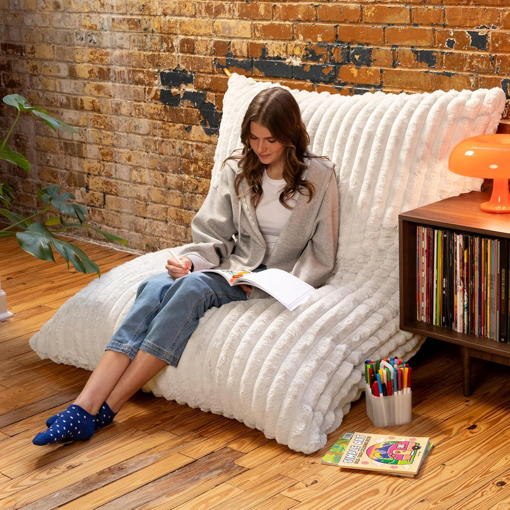 Pillow Saxx Bean Bag Rocking Chair - Elegant Oversized Rocker with Modern Wood Frame, Mondo Fur Ivory