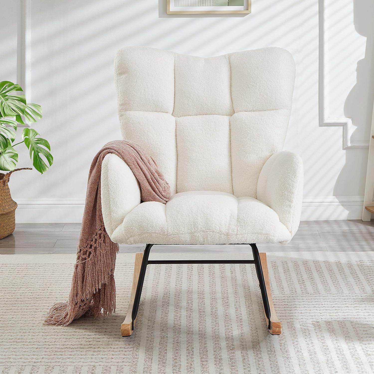Glider Chair for Living Room & Nursery, Tufted Upholstered Teddy Rocking Chair with High Backrest & Stable Metal Frame, 300lbs Capacity, Comfy Rocker Glider for Adults & Kids, Office & Bedroom(Ivory)