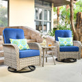 ovios Outdoor Swivel Rocking Chair Set of 3 with Coffee Table, Patio Wicker Rocker with Comfortable Thicken Deep Seating, Comfy Rattan Glider Chairs for Porch Deck Balcony Garden Backyard, Navy Blue