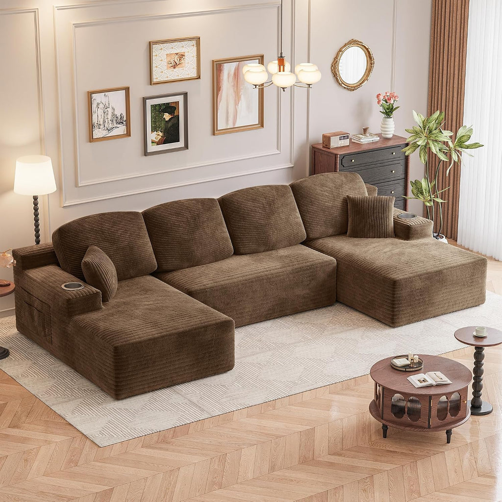 Homall 142' Boneless Couch, Modular Sectional Sofa, No Assembly Required, Memory Foam Filling, Corduroy U-Shaped Sofa, Movable Multi-Person Couch for Living Room (Brown)