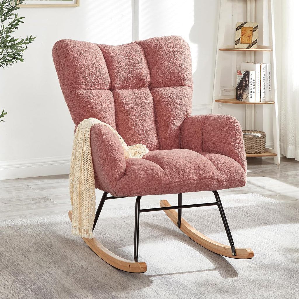 Glider Chair for Living Room & Nursery, Tufted Upholstered Teddy Rocking Chair with High Backrest & Stable Metal Frame, 300lbs Capacity, Comfy Rocker Glider for Adults & Kids, Office & Bedroom(Pink)