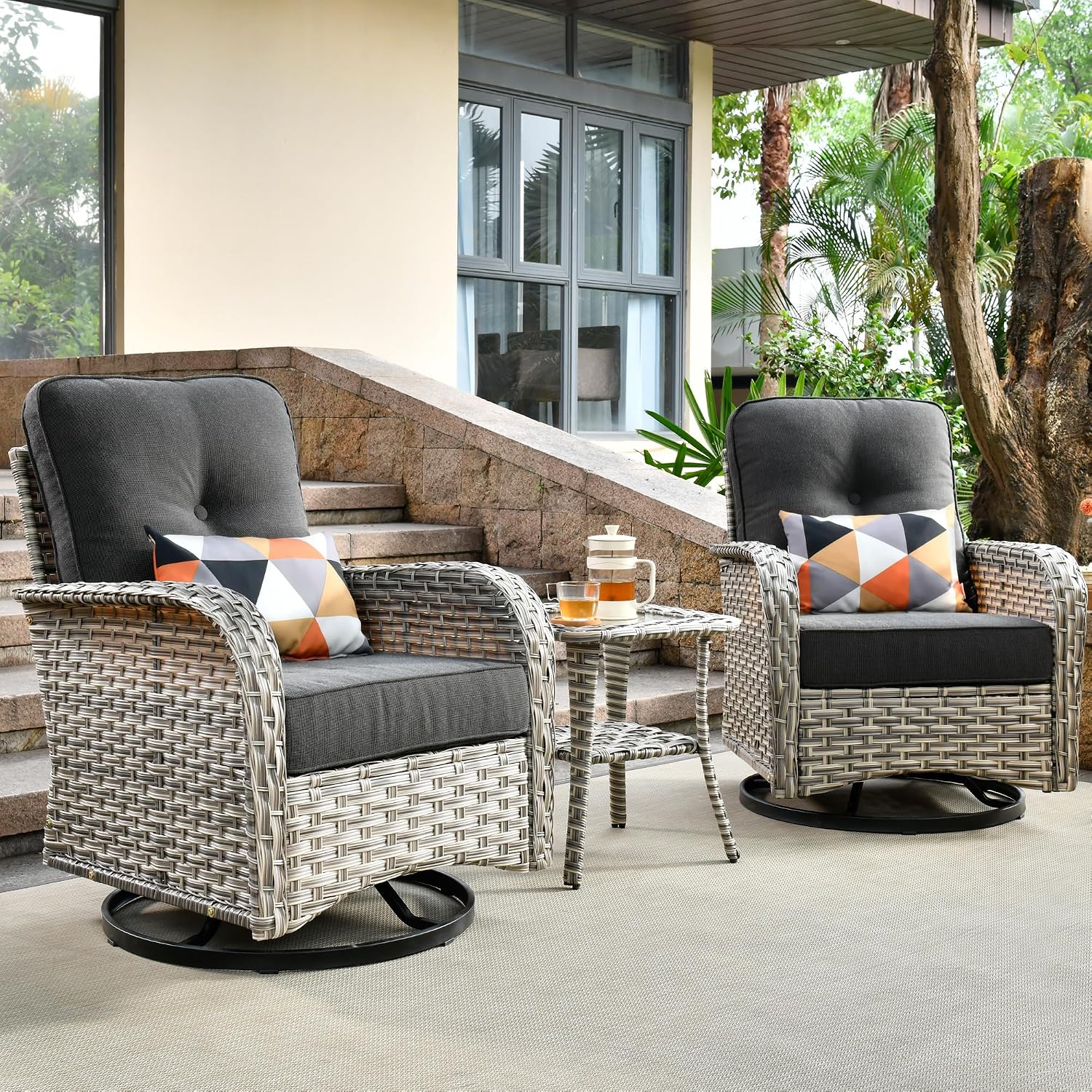 ovios Outdoor Swivel Rocking Chair Set of 3 with Coffee Table, Patio Wicker Rocker with Comfortable Thicken Deep Seating, Comfy Rattan Glider Chairs for Porch Deck Balcony Garden Backyard, Black