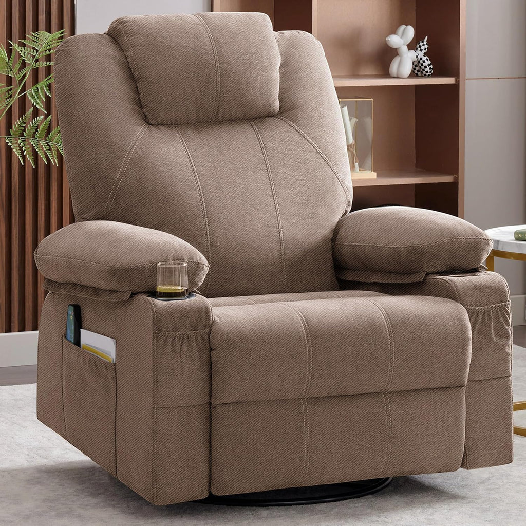 Weture Swivel Rocker Recliner Chair with Heat and Massage, 360 Degree Swivel Rocking Single Sofa with Cup Holders and USB Port, Big Oversized Recliner Chair for Living Room (Fabric, Brown)