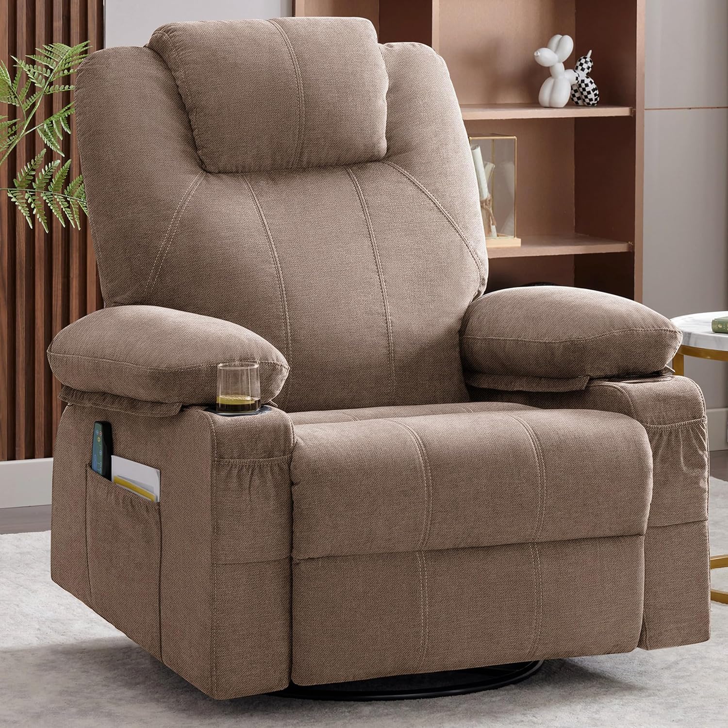 Weture Swivel Rocker Recliner Chair with Heat and Massage, 360 Degree Swivel Rocking Single Sofa with Cup Holders and USB Port, Big Oversized Recliner Chair for Living Room (Fabric, Brown)