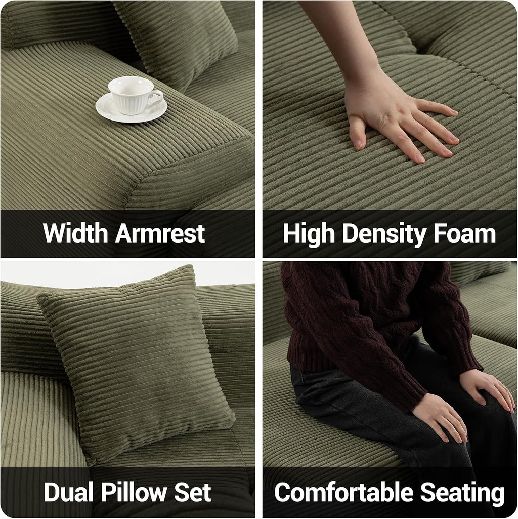 119'' Modular L-Shaped Boneless Sectional, Corduroy Deep Seat Cloud Sectional Couch, Small Space Sofa for Apartment Living Room Bedroom, No Assembly, Green