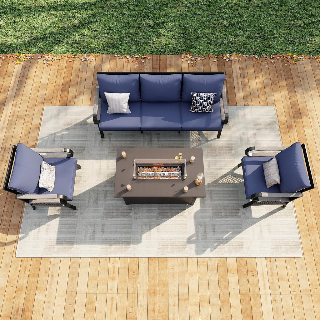 4 Pieces Modern Patio Furniture Set, All Weather Metal Outdoor Conversation Sets with Fire Pit Table for Backyard Garden Deck Porch Poolside, Blue