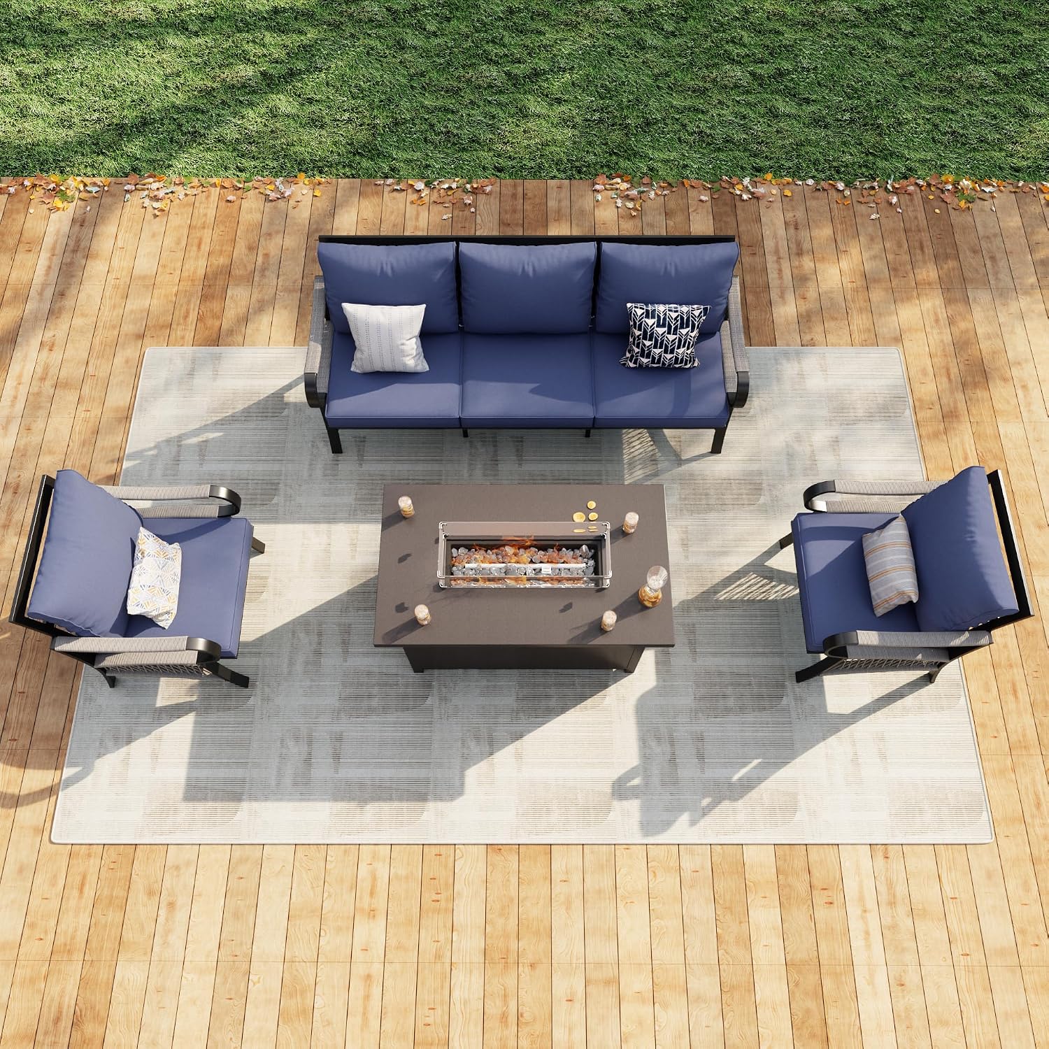 4 Pieces Modern Patio Furniture Set, All Weather Metal Outdoor Conversation Sets with Fire Pit Table for Backyard Garden Deck Porch Poolside, Blue