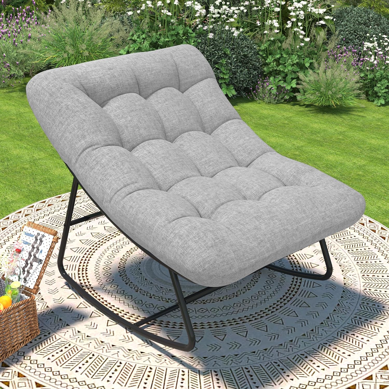 DHMAKER Oversized Outdoor Rocking Chair with Foot Rest, Papasan Rocking Chair with Thick Cushion,Modern Lounge Rocker for Patio Porch Garden Balcony, Indoor