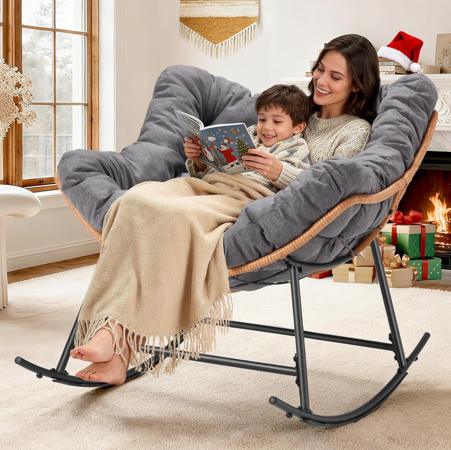 Outdoor Comfy Rocking Chair with Thick Cushion, Rattan Rocker Egg Chair Indoor with Straps, Patio Rocking Chair 450lbs for Garden, Backyard, Balcony, Lawn, Bedroom, Living Room (Dark Gray)