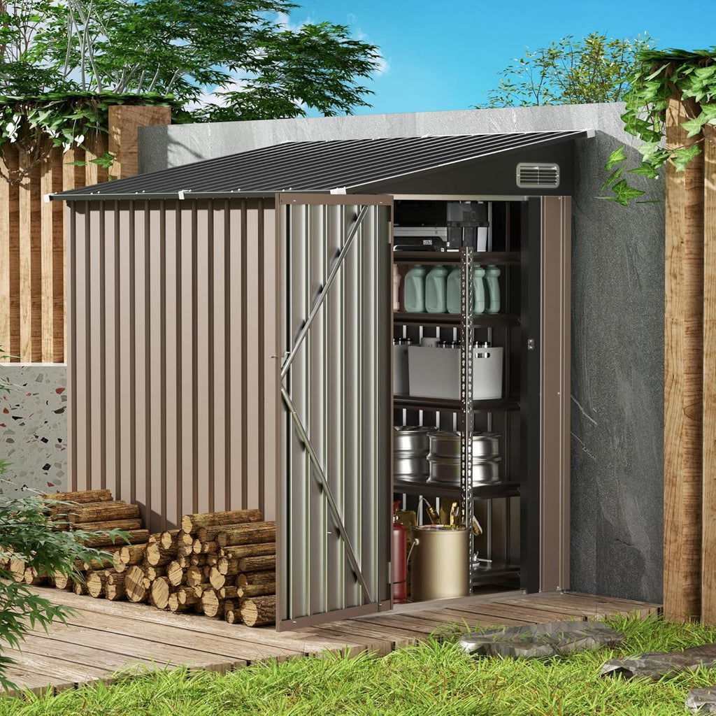 4x6 Lean to Yard Storage Shed, Outdoor Lean to Storage Sheds, Metal Wall Side Bike Shed with Lockable Door for Tool Garden Sheds for Patio Lawn Yard, Brown